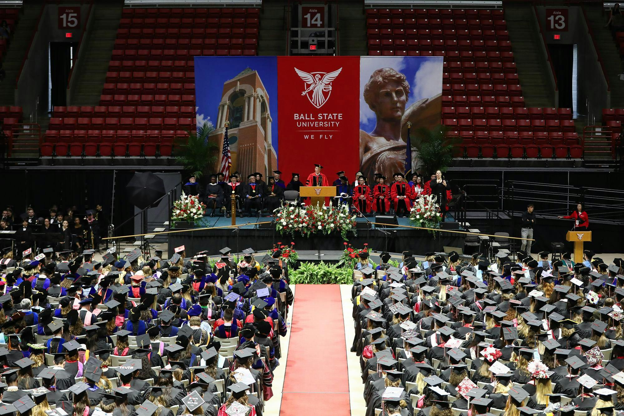 Graduate students and their friends, family, and faculty fill Worthen Arena for Ball States 2025 Commencement. Andrew Berger, DN 
