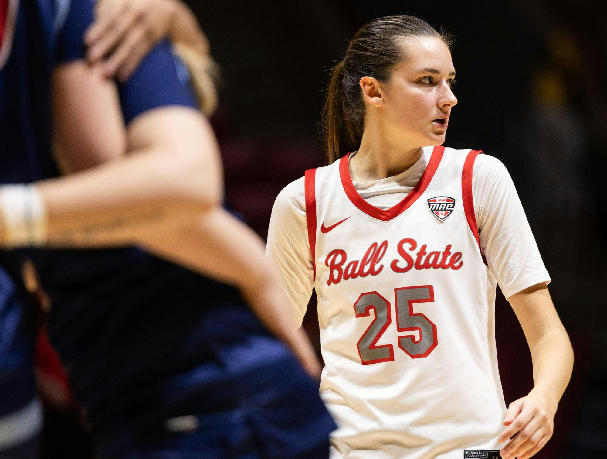Ball State sophomore Grace Kingery looks towards her teammates in a game against the University of Illinois Chicago Nov. 24 at Worthen Arena. Kingery had 13 total points in the game. Andrew Berger, DN  