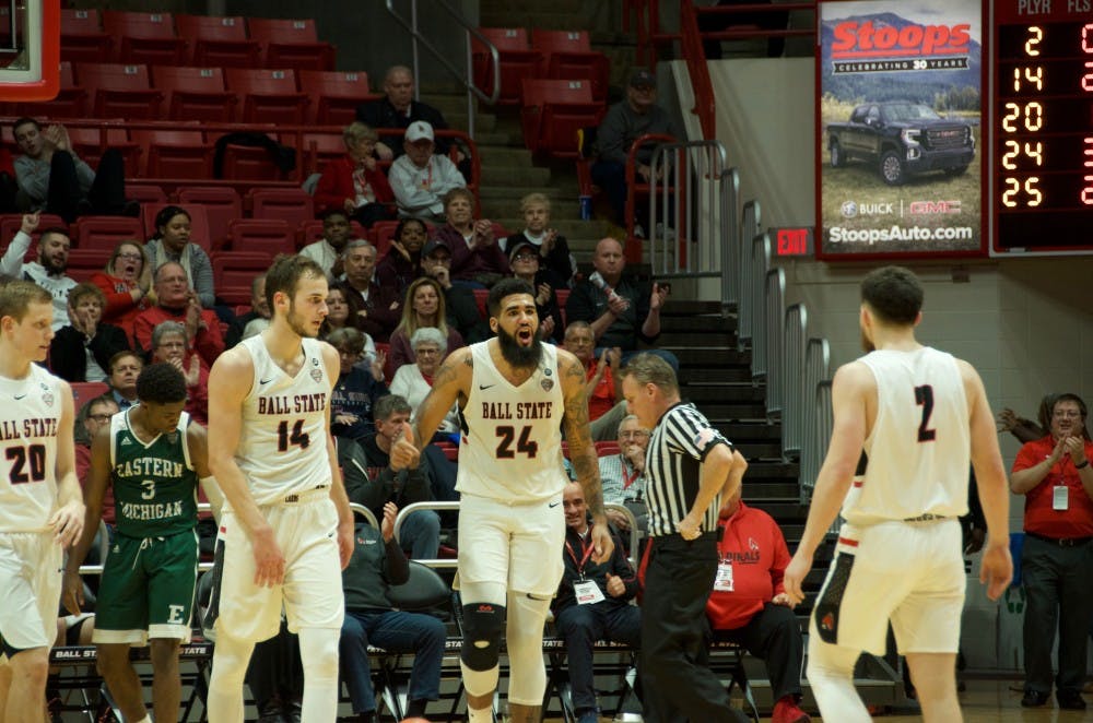 Redshirt senior Trey Moses celebrates with his teammates after drawing a foul in a game versus Eastern Michigan on Jan. 8, 2019 at Worthen Arena. The Cardinals lost the game, 84-82. Jack Williams, DN