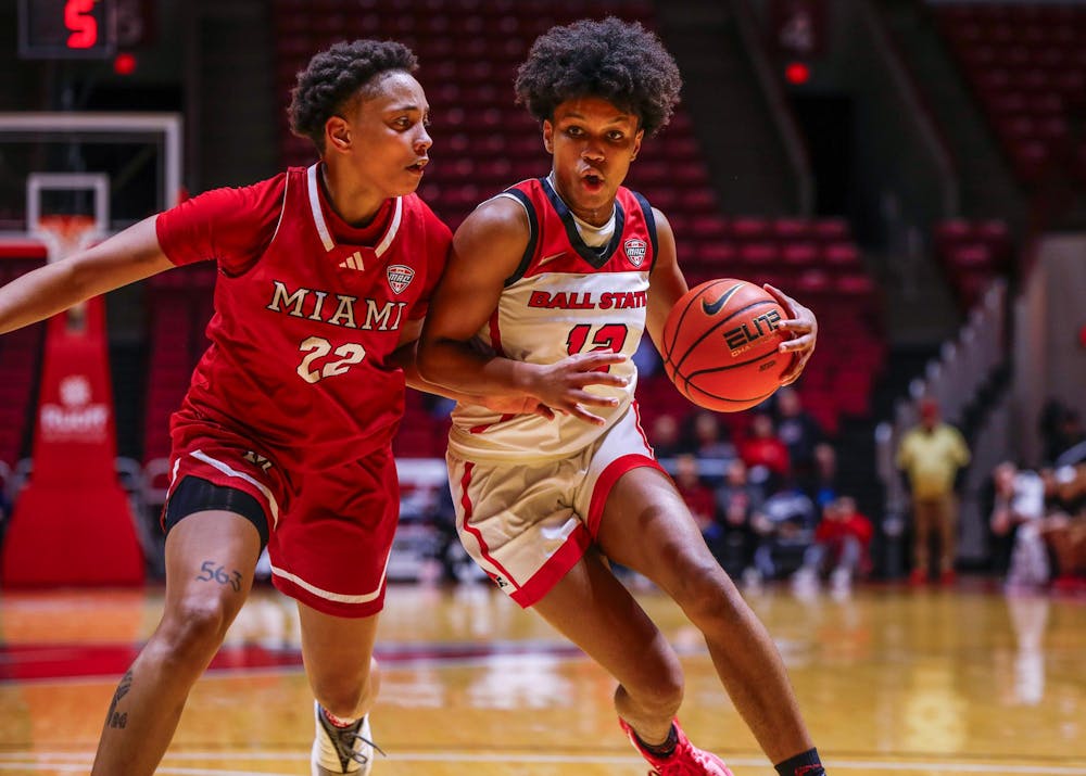 Junior Nyla Hampton makes a drive Jan. 24 against Miami at Worthen Arena. Nyla had 14 points in the game. Andrew Berger, DN