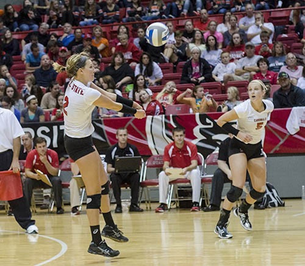 Sophomore outside hitter Alex Fuelling bumps the ball from the back court during the game against Buffalo on Oct. 5 in Worthen Arena. Fuelling took 14 kills out of an attempted 27, leading to a Ball State sweep of 3-0. DN PHOTO COREY OHLENKAMP