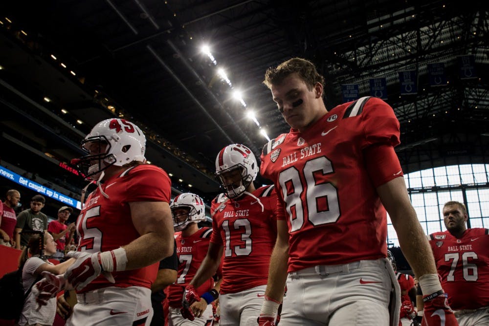 <p>The Ball State football team walks into the locker room Aug. 31, 2019 at Lucas Oil Stadium for half time. The Cardinals played Indiana University for the season opener. <strong>Eric Pritchett, DN</strong></p>