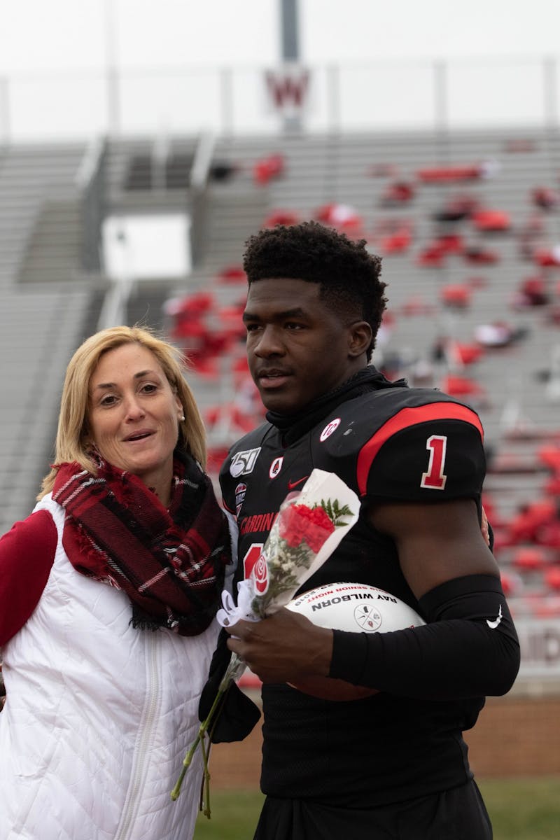 Senior Safety Ray Wilborn hugs Ball State Director of Athletics Beth Goetz during Senior Night, Nov. 29, 2019, at Scheumann Stadium. Jacob Musselman, DN