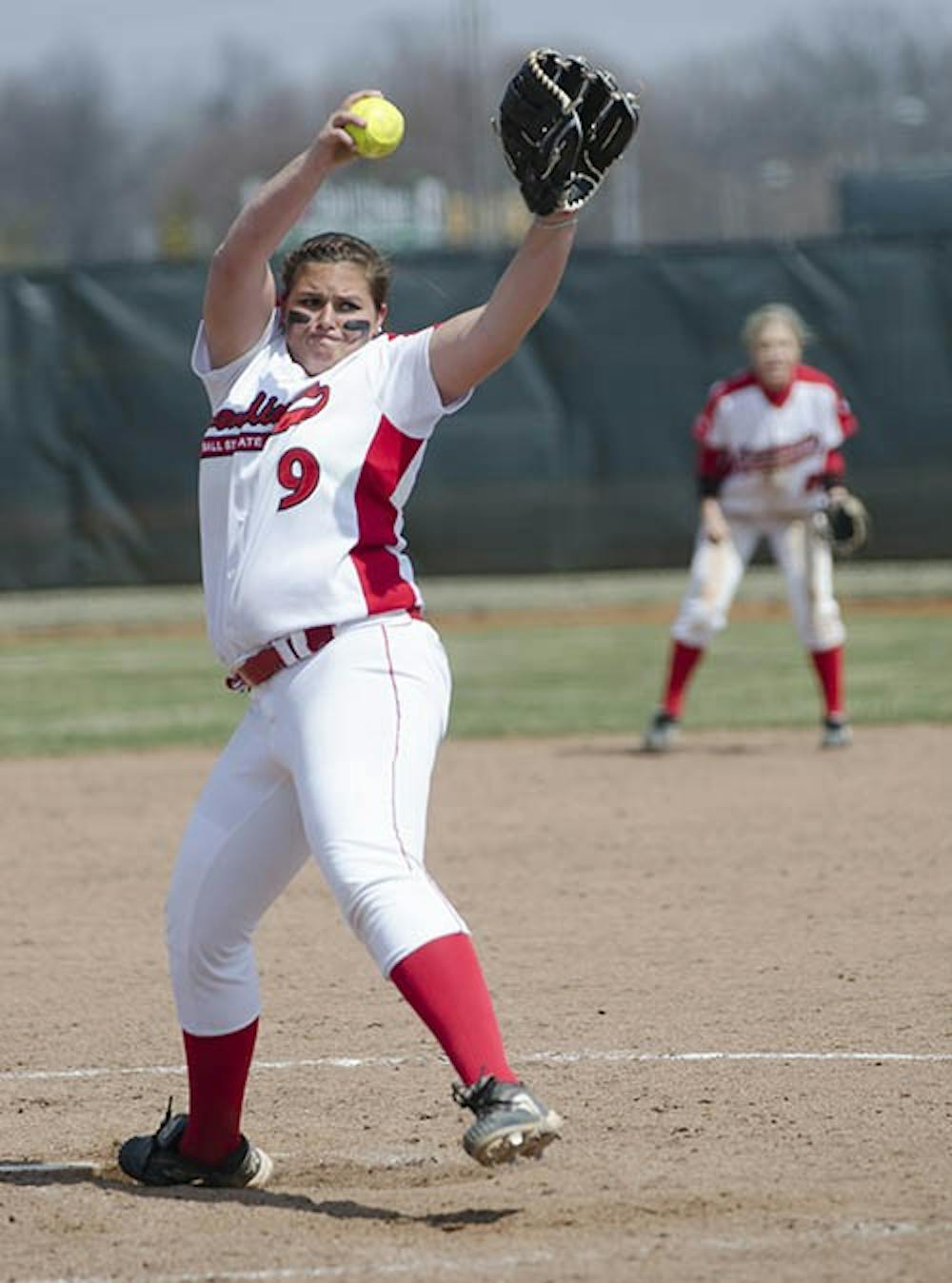 Nicole Steinbach pitches the first game against Northern Illinois on April 5. Ball State would sweep both games. DN PHOTO COREY OHLENKAMP