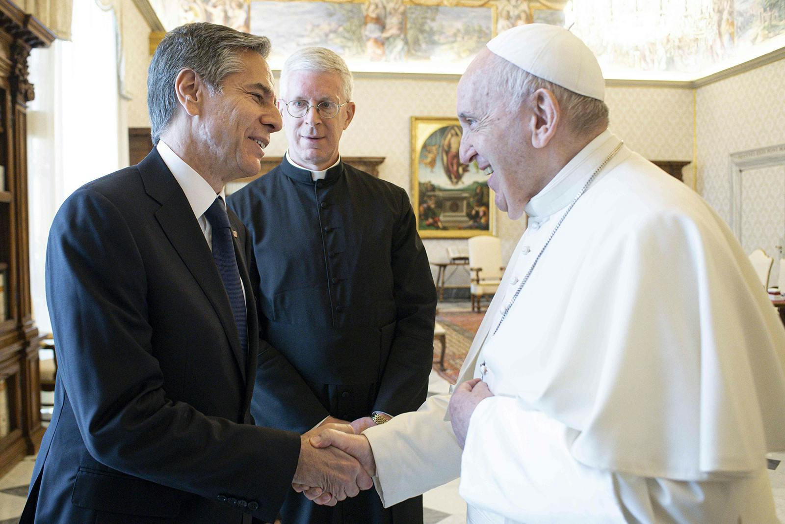 Pope Francis (right) meets US Secretary of State Antony Blinken in a private audience at the Vatican in Rome, Italy on June 28, 2021. (Vatican Media/IPA via ZUMA Press/TNS)
