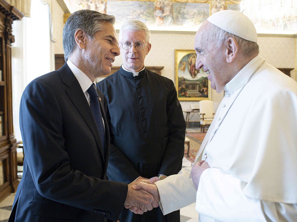 Pope Francis (right) meets US Secretary of State Antony Blinken in a private audience at the Vatican in Rome, Italy on June 28, 2021. (Vatican Media/IPA via ZUMA Press/TNS)