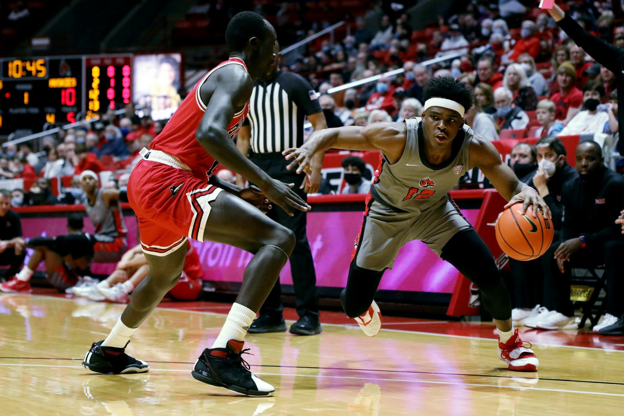 Freshman guard Jaylin Sellers dribbles the ball against Northern Illinois on Feb. 15, at Worthen Arena. Sellers scored 6 points during the game. Amber Pietz, DN