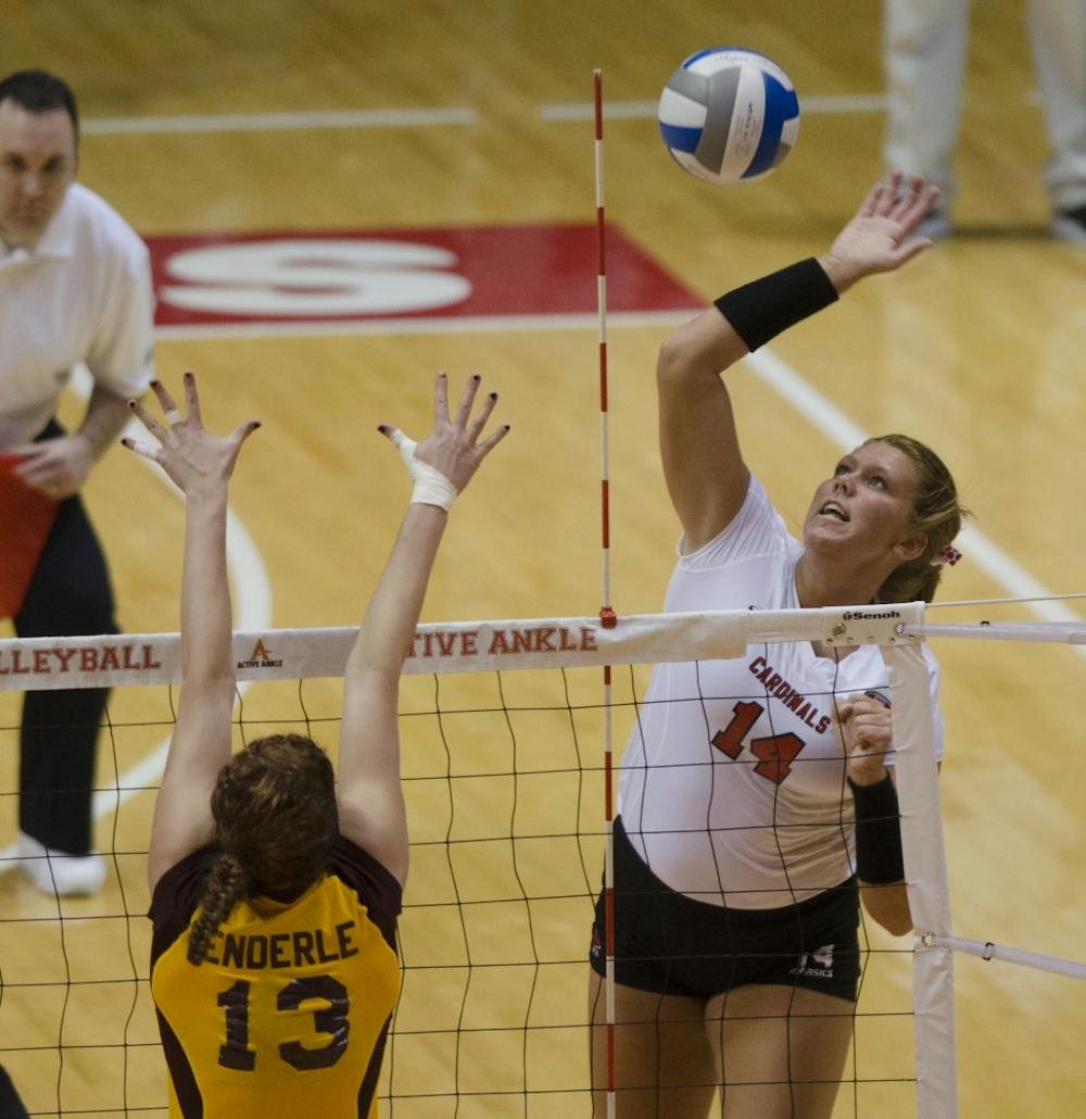 Junior opposite hitter Kelly Hopkins hits the ball across the net against Central Michigan on Nov. 1 at Worthen Arena. Hopkins had eight kills. DN PHOTO BREANNA DAUGHERTY 