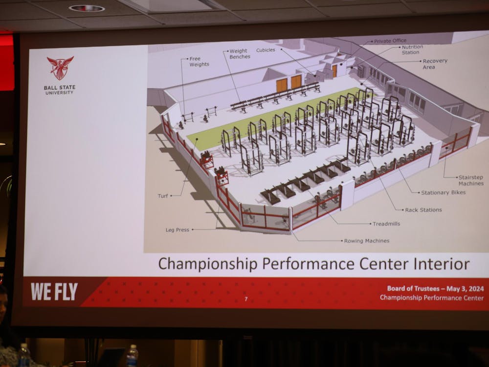 A proposed illustration for the new Championship Preformance Center for Ball State Athletics is revealed at the Board of Trustees meeting May 3rd in The L.A. Pittenger Student Center. The facility will be named the Eric Foss Performance Center. Olivia Ground, DN