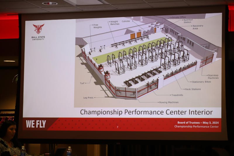 A proposed illustration for the new Championship Preformance Center for Ball State Athletics is revealed at the Board of Trustees meeting May 3rd in The L.A. Pittenger Student Center. The facility will be named the Eric Foss Performance Center. Olivia Ground, DN