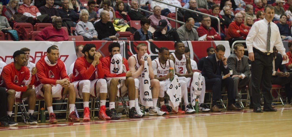 Members of the men's basketball team watch from the sideline during the game against Kent State on Jan. 19 at Worthen Arena. DN PHOTO BREANNA DAUGHERTY
