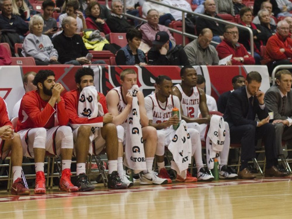 Members of the men's basketball team watch from the sideline during the game against Kent State on Jan. 19 at Worthen Arena. DN PHOTO BREANNA DAUGHERTY