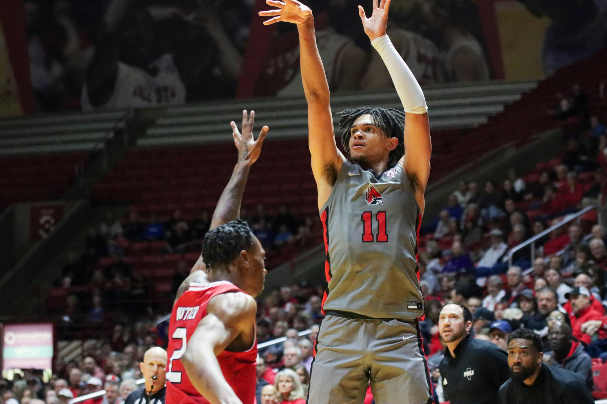 Junior forward Basheer Jihad shoots the ball Jan. 27 against Northern Illinois at Worthen Arena. Jihad scored 28 points in the game. Isaiah Wallace, DN