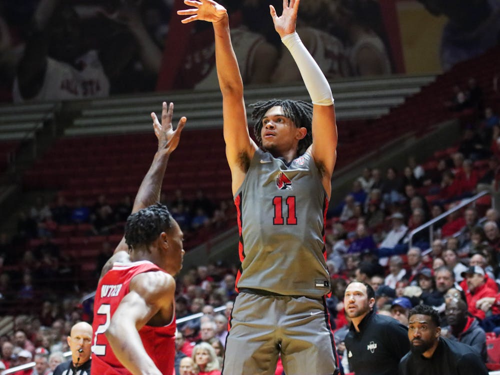 Junior forward Basheer Jihad shoots the ball Jan. 27 against Northern Illinois at Worthen Arena. Jihad scored 28 points in the game. Isaiah Wallace, DN