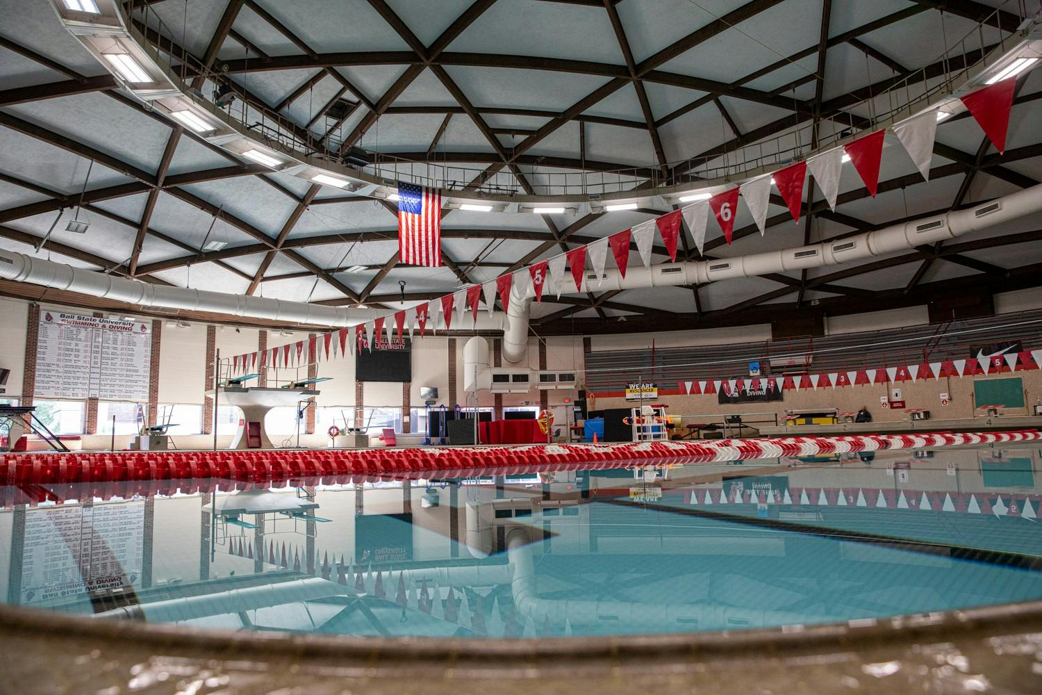 Water stands still in the pool Sept. 22, 2020, at Lewellen Aquatic Center. This facility is where the men&#x27;s and women&#x27;s swim teams practice and compete. Jacob Musselman, DN