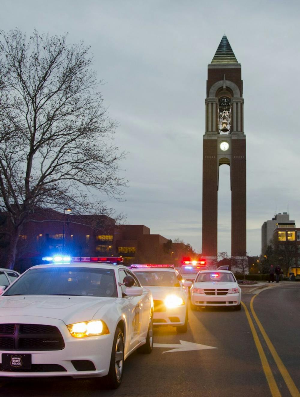 Police cars line the street outside of the Robert Bell building after the report of an armed assailant Nov. 15 at the Student Recreation and Wellness Center. DN PHOTO TAYLOR IRBY