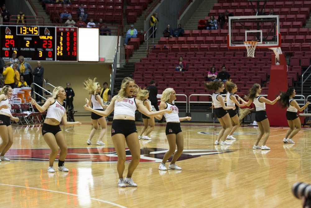 Members of the Ball State Code Red dance team perform during the game against Valparaiso on Nov. 28 at Worthen Arena. DN PHOTO AMER KHUBRANI