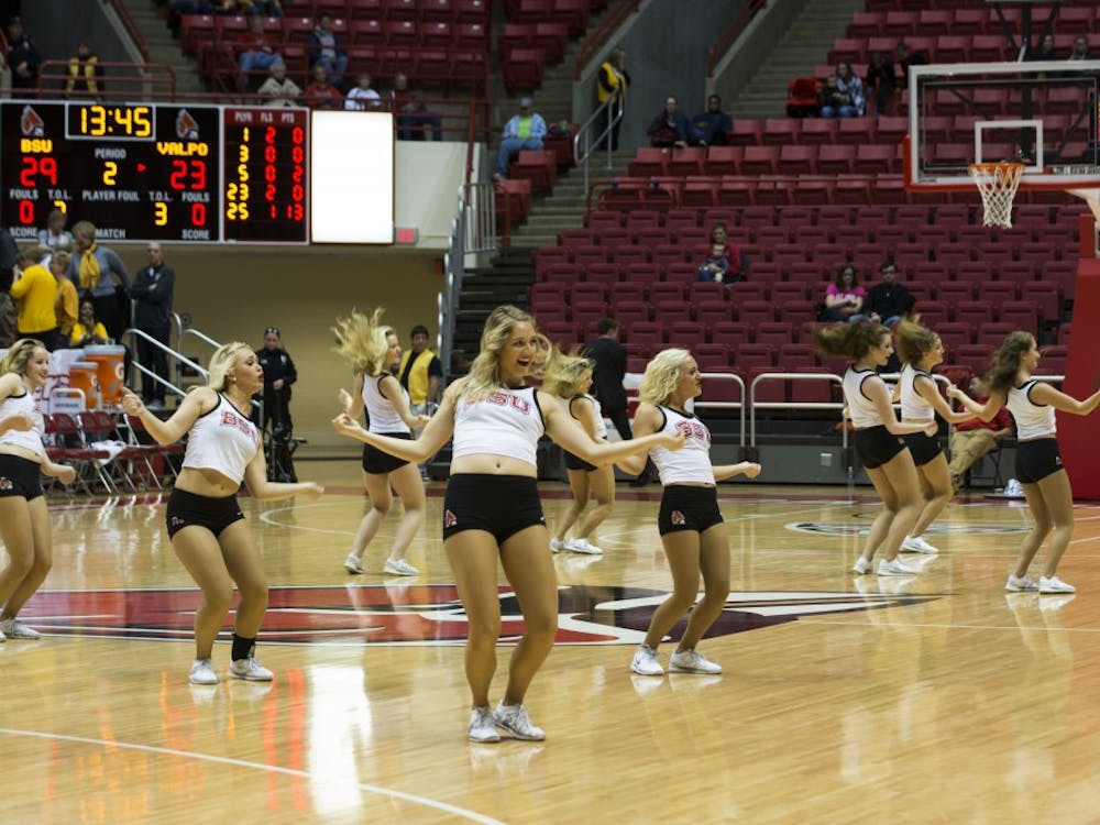 Members of the Ball State Code Red dance team perform during the game against Valparaiso on Nov. 28 at Worthen Arena. DN PHOTO AMER KHUBRANI