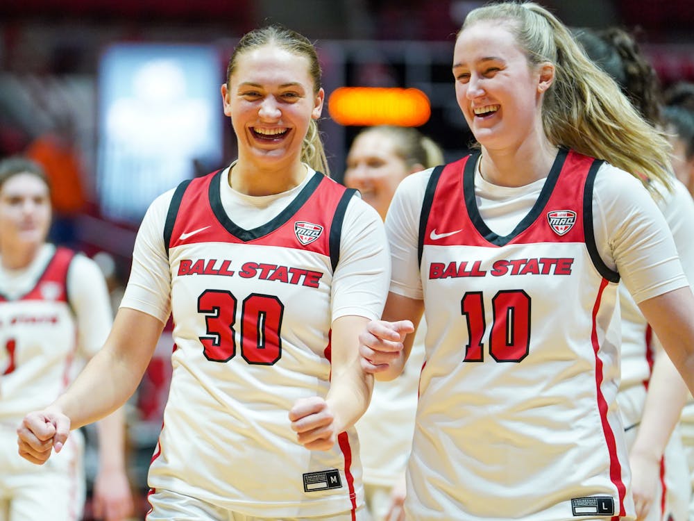 Redshirt-senior Anna Clephane (left) and graduate student Thelma Dis Agustsdottir (right) laughs after the win over Western Michigan Feb. 22 at Worthen Arena. The Cardinals shot 84% from the freethrow line in the win over the Broncos. Brayden Goins, DN