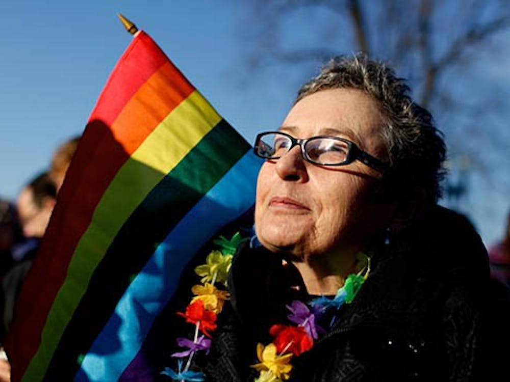 Gail Schulte, of Alexandria, Va., gathers with other demonstrators outside of the U.S. Supreme Court as arguments are heard on California’s Proposition 8 concerning gay marriage on Tuesday. Justice Anthony Kennedy said the case could potentially be dropped by the court, offering no ruling on the case. MCT PHOTO