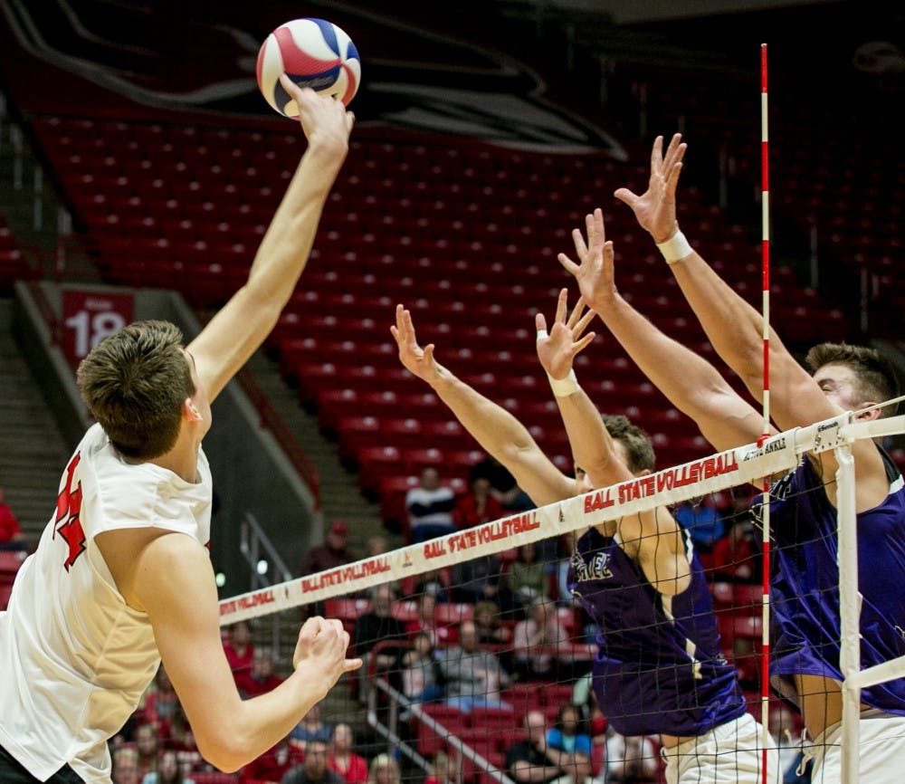 Ball State's mens volleyball team faced McKendree April 14 for the MIVA Tournament Quarterfinals in John E. Worthen Arena.&nbsp;