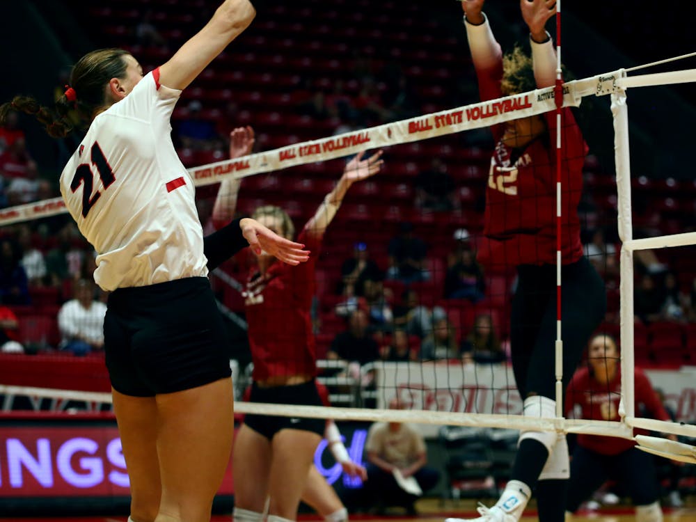 Sophomore opposite hitter Madison Buckley spikes the ball against The University of Oklahoma Aug. 26 at Worthen Arena. Buckley scored nine points during the game. Mya Cataline, DN