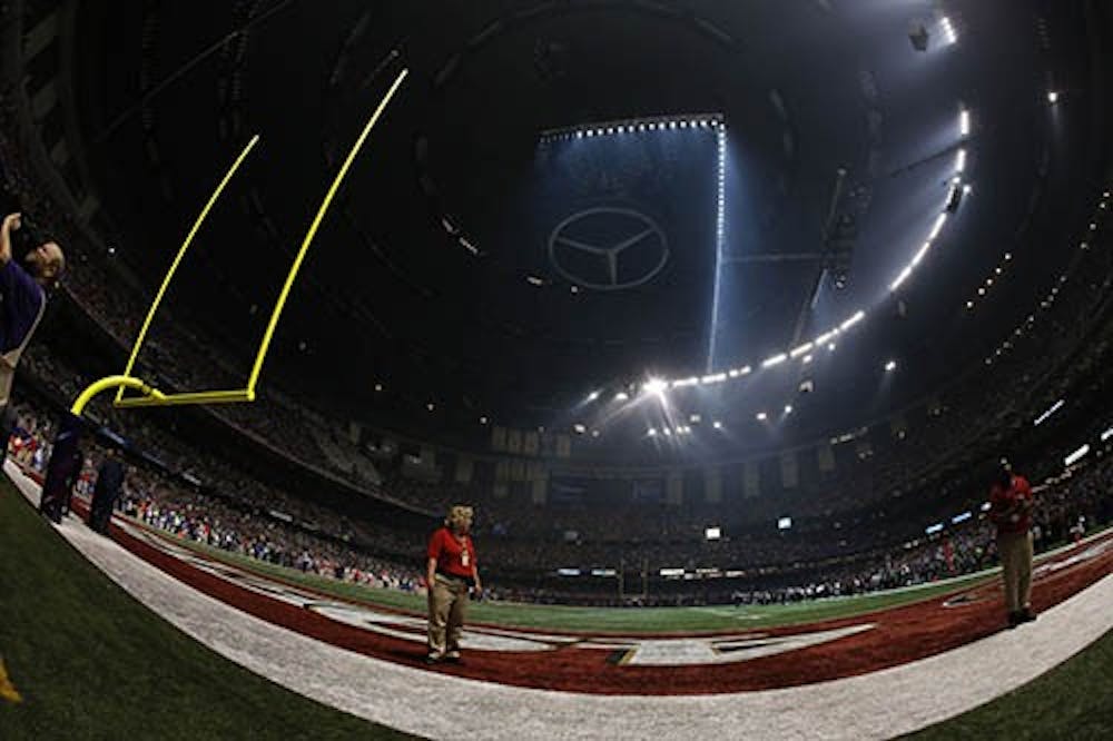 A power outage temporarily suspends action in the third quarter of Super Bowl XLVII at the Mercedes-Benz Superdome in New Orleans on Feb. 3, 2013. MCT PHOTO