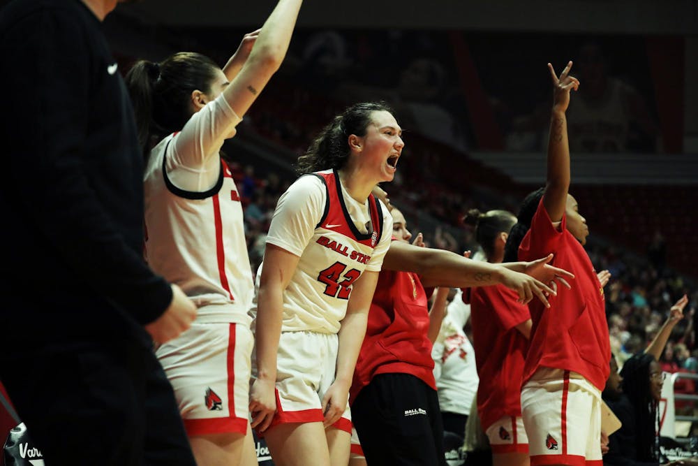 Senior Annie Rauch celebrates Ball State shooting a three-point basket against Tennessee Tech Nov. 6 at Worthen Arena. Rauch Scored 11 points in the game. Mya Cataline, DN