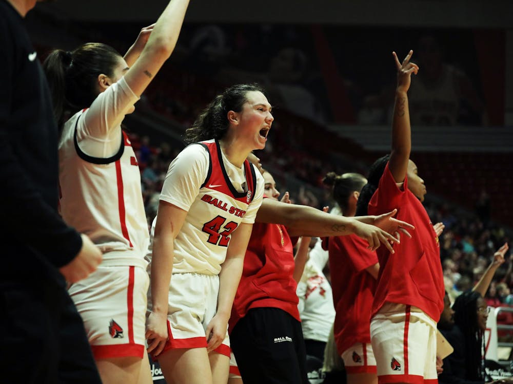 Senior Annie Rauch celebrates Ball State shooting a three-point basket against Tennessee Tech Nov. 6 at Worthen Arena. Rauch Scored 11 points in the game. Mya Cataline, DN