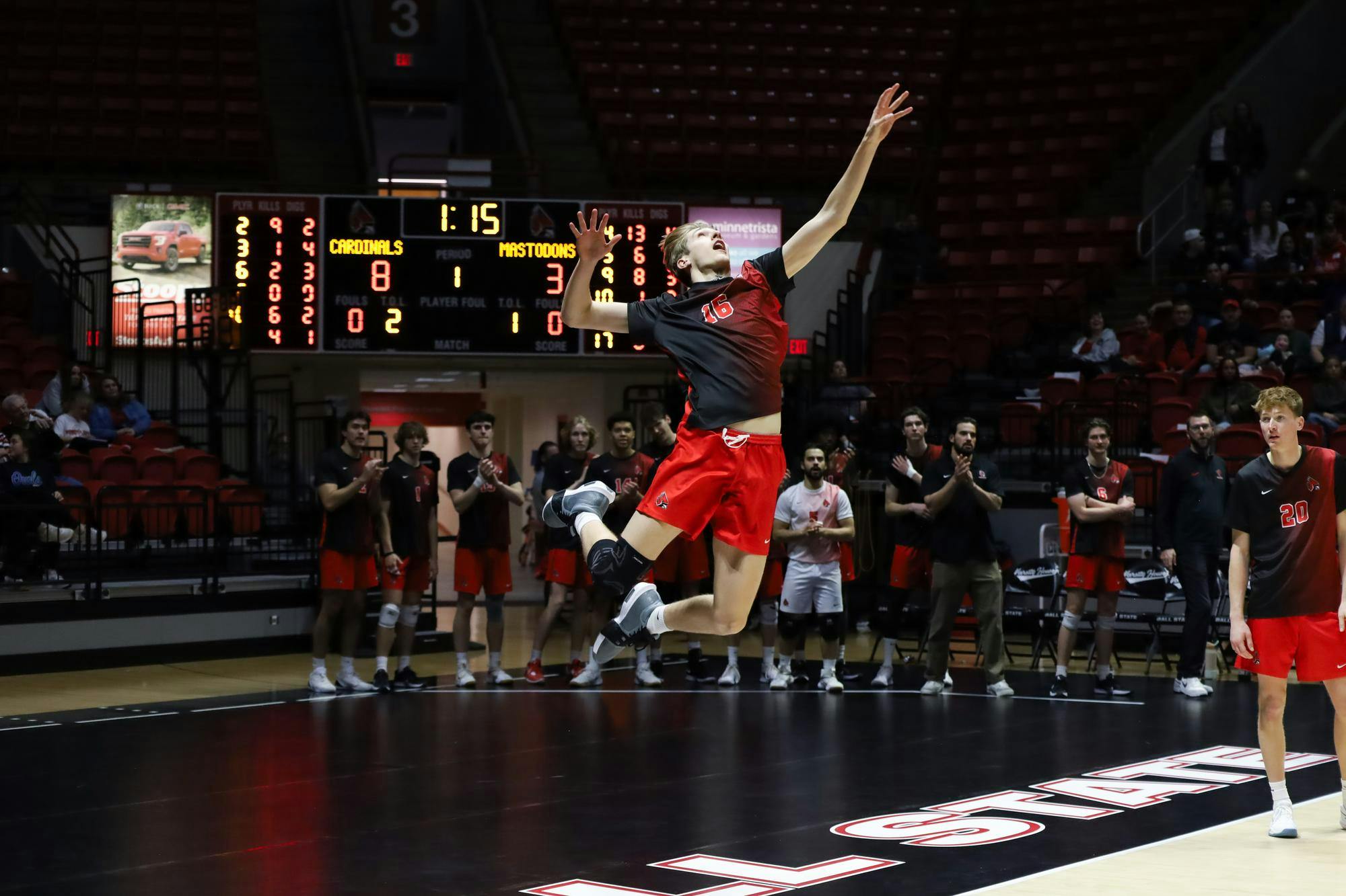 Ball State Sophomore Ryan Louis serves the ball at the game against Purdue Fort Wayne Feb. 27 at Worthen Arena. Louis has had 186 kills this season. Mallory Hall, DN