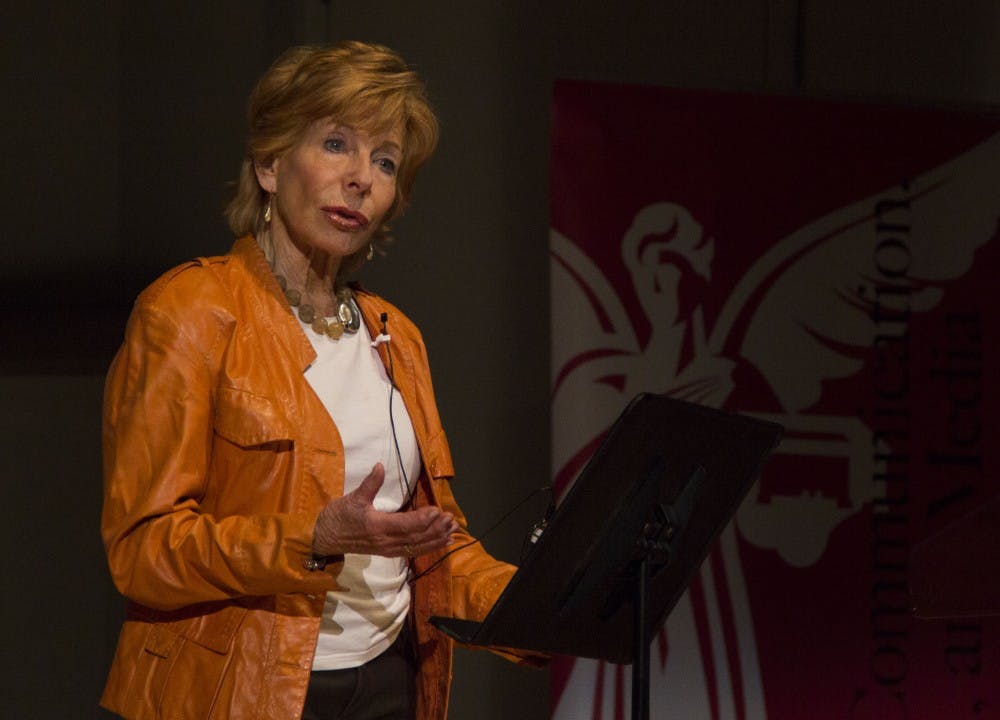 A part of the David Letterman Distinguished Professional Lecture and Workshop Series, Gail Sheehy spoke to a large crowd on Oct. 24 in Pruis Hall. Sheehy has written 17 books and for publications like the Harold Tribune and New York Magazine. DN PHOTO EMMA ROGERS