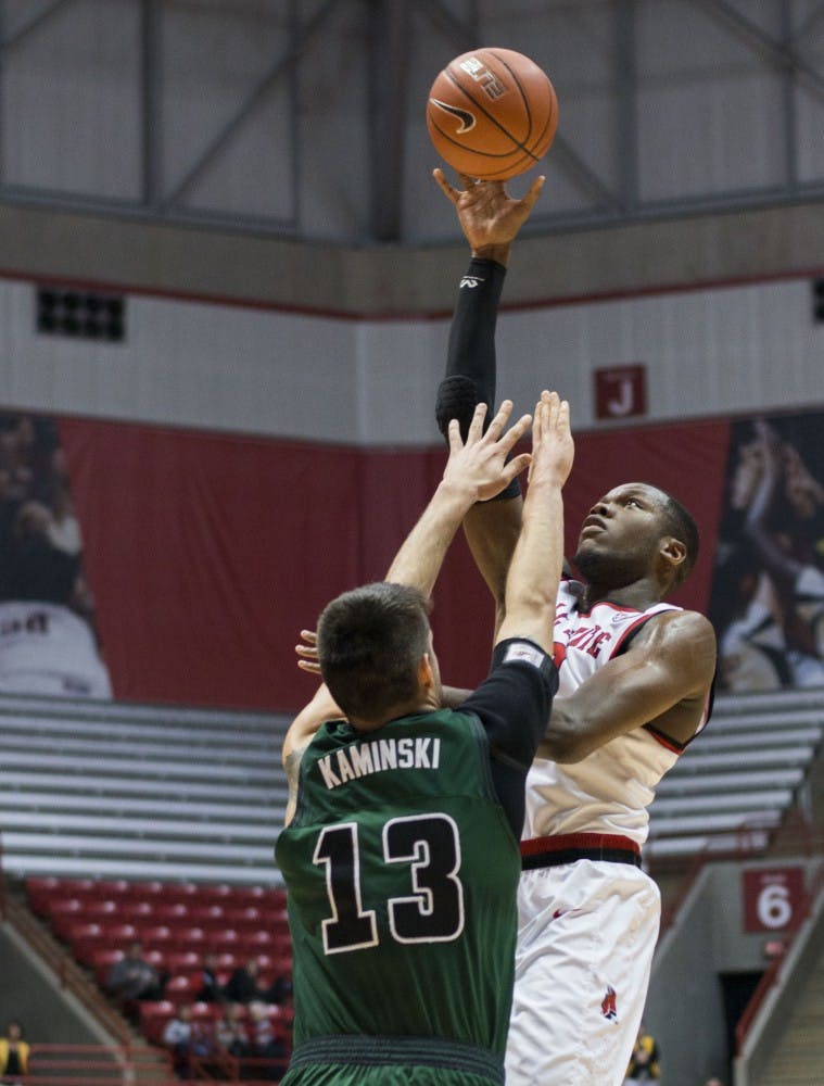 Senior forward Bo Calhoun shoots over an Ohio defender in Worthen Arena on Feb. 09.&nbsp;