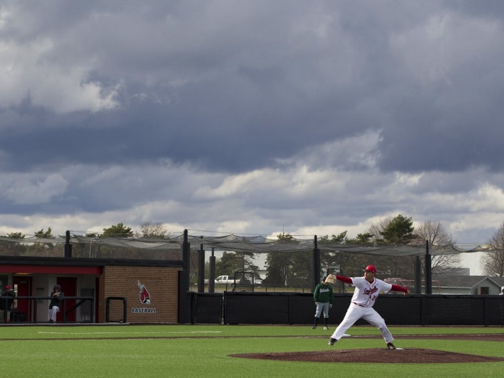 The Ball State baseball team played under stormy skies on April 1 in the game against Ohio. DN PHOTO GRACE RAMEY