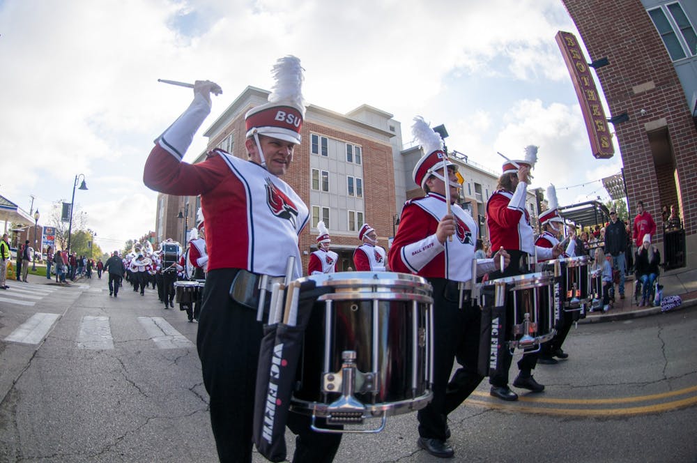 Student organizations, marching bands and local businesses participated in a parade Saturday morning to celebrate 95 years of homecoming at Ball State.&nbsp;