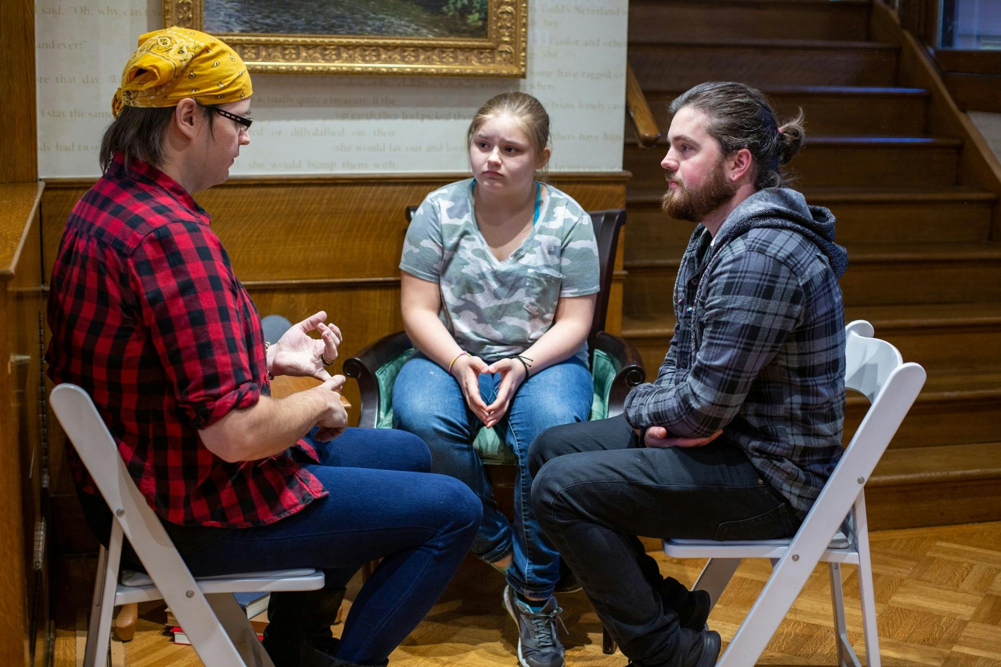 A "book" shares their story with "readers" who attend a Human Library event in Muncie, IN, Nov. 2019. The organization meets on Zoom bi-weekly and organizes in-person readings at the Minnetrista several times a year. Peggy Lewis, Photo Provided
