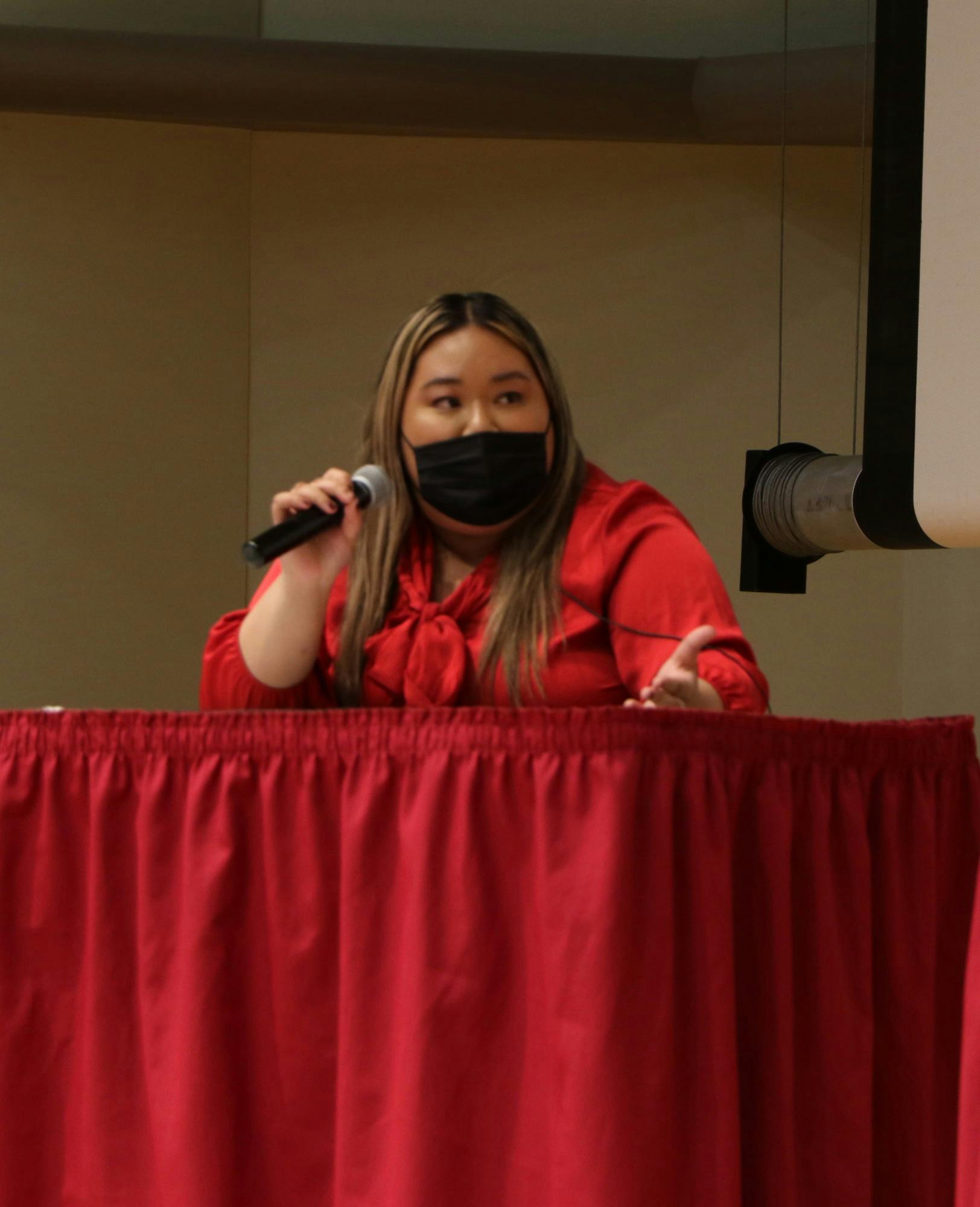 Current Ball State Student Government Association (SGA) President Tina Nguyen speaks about her platforms at the SGA presidential debate in John J. Pruis Hall Feb.15. Nguyen is re-running as president with Monet Lindstrand running as her vice president. Hannah Amos, DN