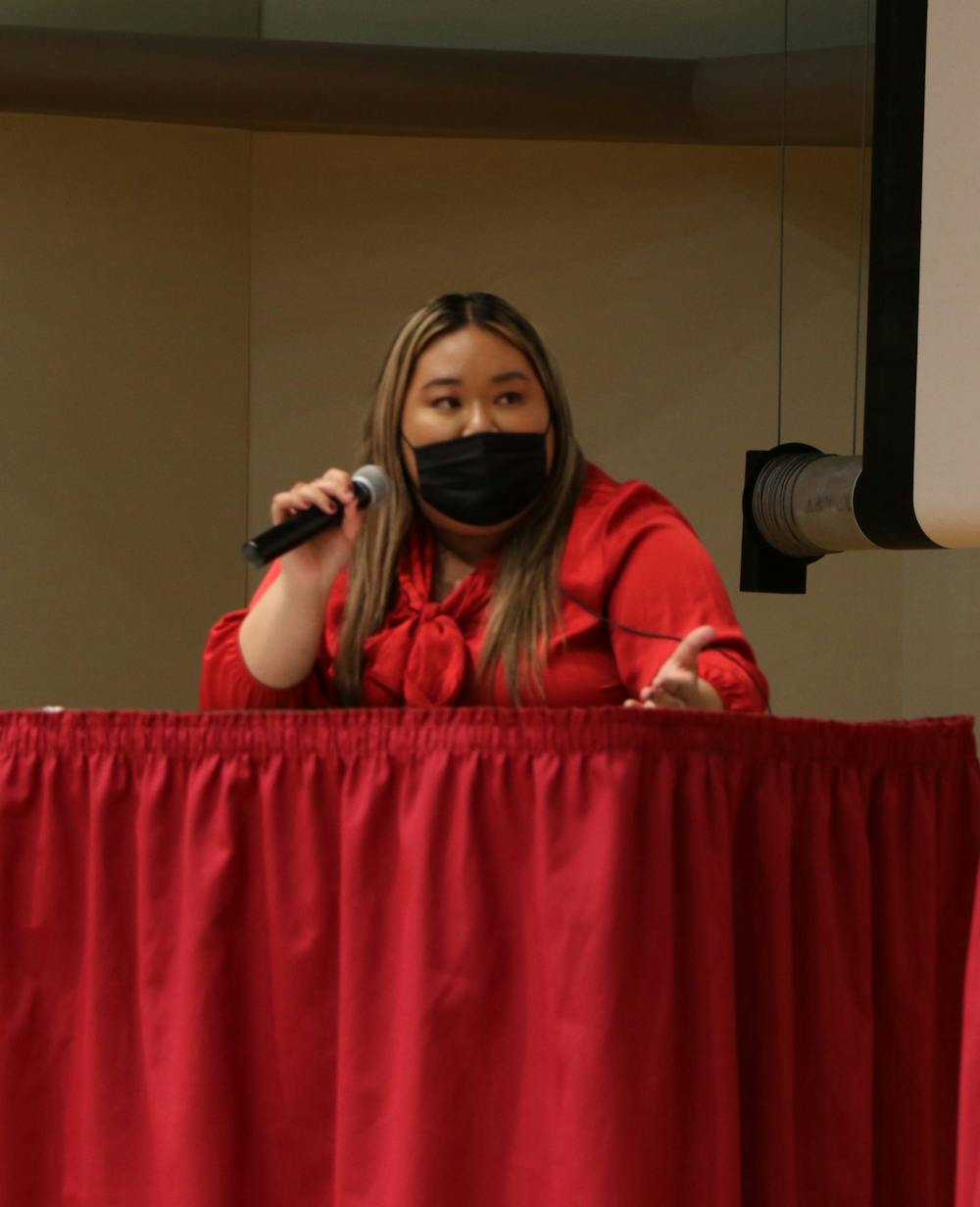 <p>Current Ball State Student Government Association (SGA) President Tina Nguyen speaks about her platforms at the SGA presidential debate in John J. Pruis Hall Feb.15. Nguyen is re-running as president with Monet Lindstrand running as her vice president. <strong>Hannah Amos, DN</strong></p><p></p>
