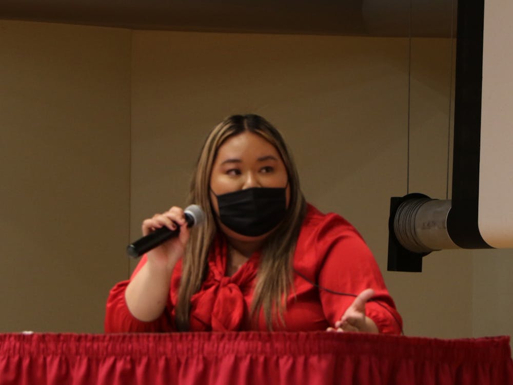 Current Ball State Student Government Association (SGA) President Tina Nguyen speaks about her platforms at the SGA presidential debate in John J. Pruis Hall Feb.15. Nguyen is re-running as president with Monet Lindstrand running as her vice president. Hannah Amos, DN