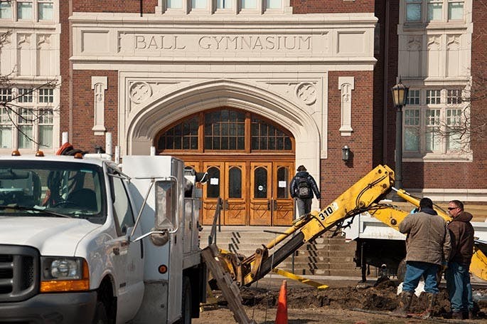 Workers outside of Ball Gym trying to fix the water main break problem that occurred early Wednesday morning. PHOTO MATTHEW AMARO

