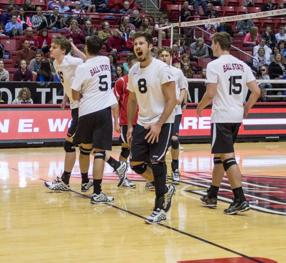 Members of the Ball State men's volleyball team celebrate after winning a point during the game against Grand Canyon on March 13 at Worthen Arena. DN PHOTO ALAINA JAYE HALSEY