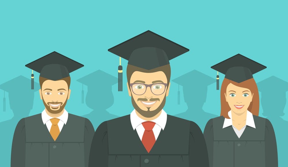 Graduates in graduation gowns and mortarboards. Advanced training or business school concept