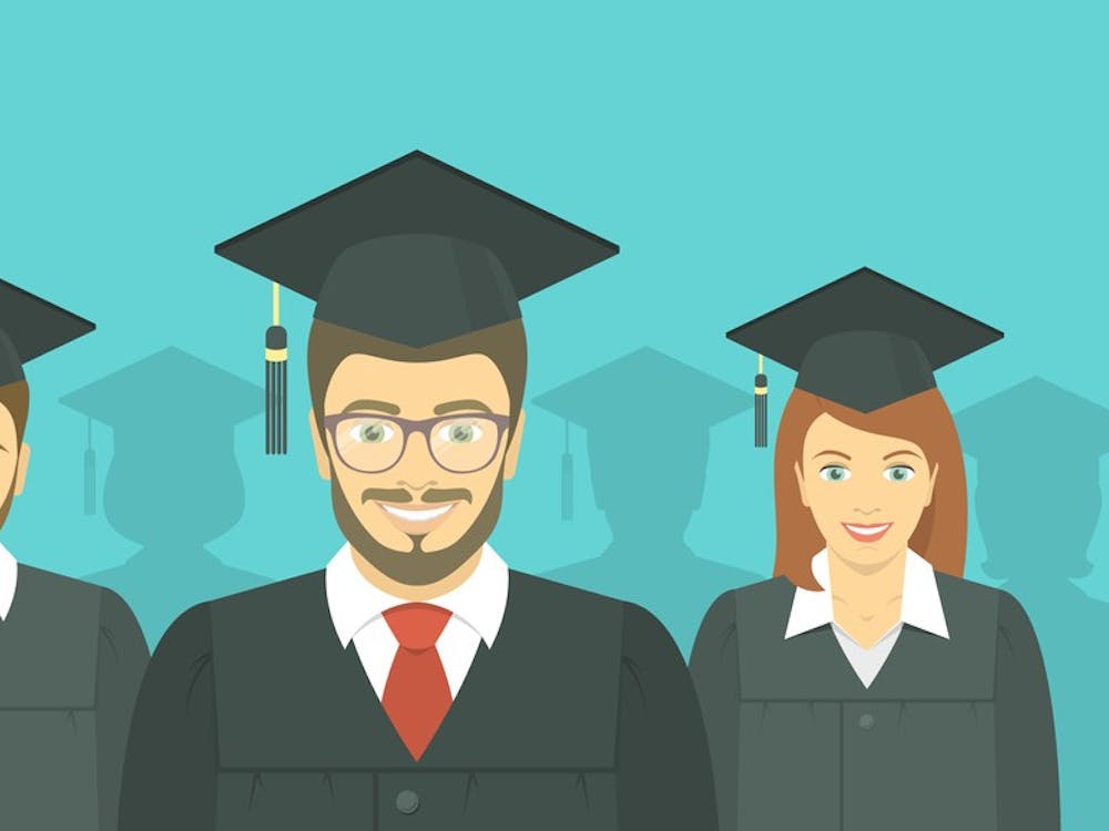 Graduates in graduation gowns and mortarboards. Advanced training or business school concept