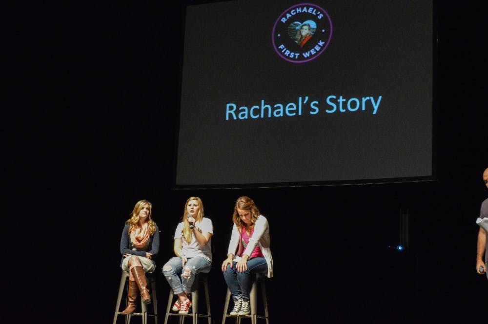 Angi Fiege, founder of Rachael’s First Week, is promoting the Indiana Lifeline Law after the death of her daughter in 2013. Three of Rachael Fiege’s closest friends, and her brother Jeremy Fiege, spoke to students last night about her story. DN PHOTO ALLIE KIRKMAN
