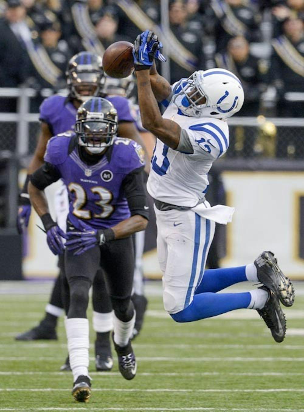 Indianapolis Colts wide receiver LaVon Brazill can’t come up with a pass from teammate Andrew Luck late in the second half of its AFC playoff game in Baltimore on Sunday, Jan. 6, 2013. The Colts lost 9-24. MCT PHOTO