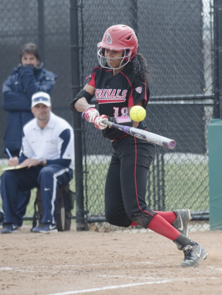 Sophomore Briana Evans hits the ball in the game against Toledo on April 6 at the Ball State Softball Complex. Evans led the team in hits with three in May 7's first-round game of the Mid-American Conference Tournament. DN FILE PHOTO BREANNA DAUGHERTY