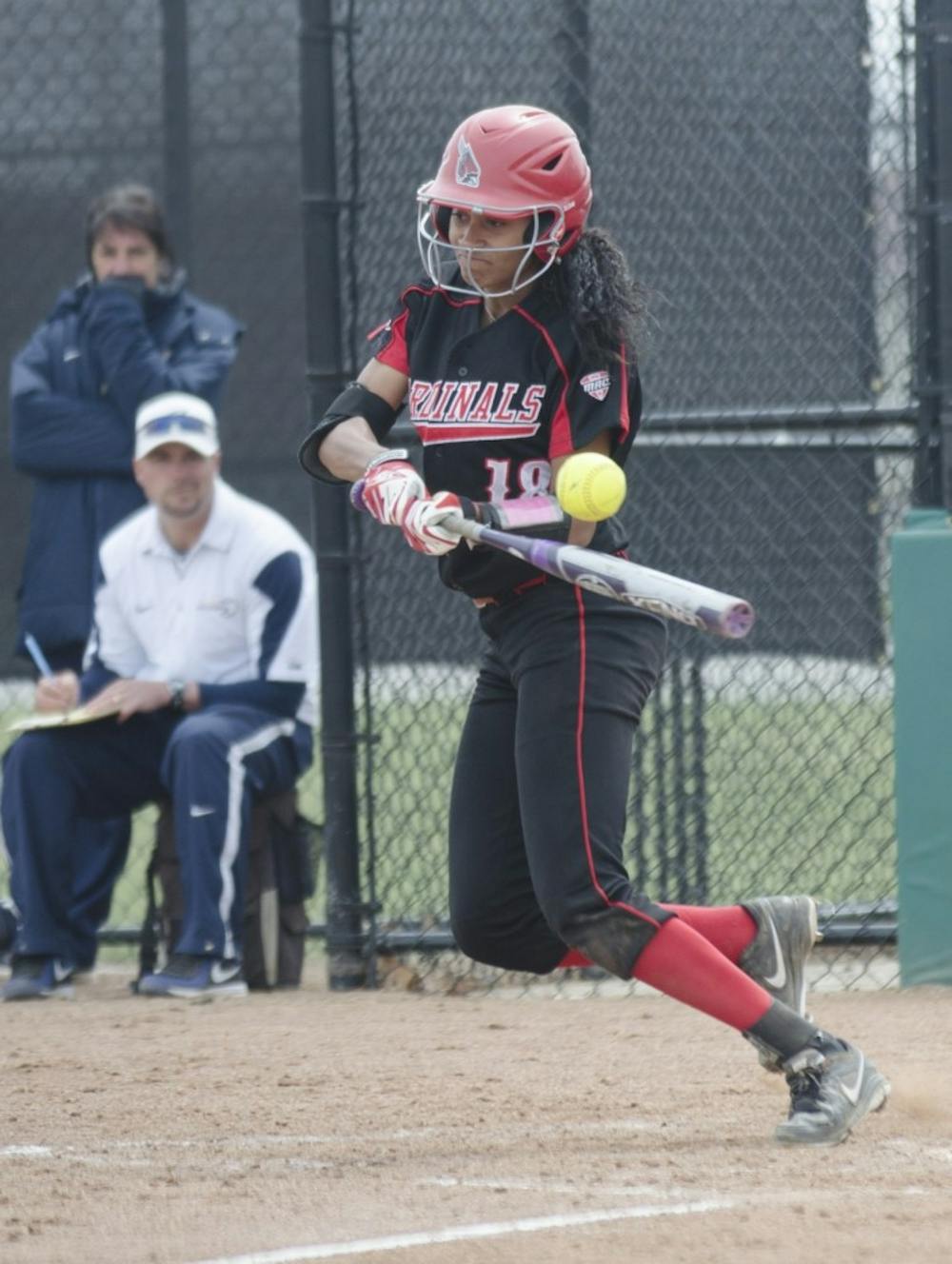 <p>Sophomore Briana Evans hits the ball in the game against Toledo on April 6 at the Ball State Softball Complex. Evans led the team in hits with three in May 7's first-round game of the Mid-American Conference Tournament. DN FILE PHOTO BREANNA DAUGHERTY</p>