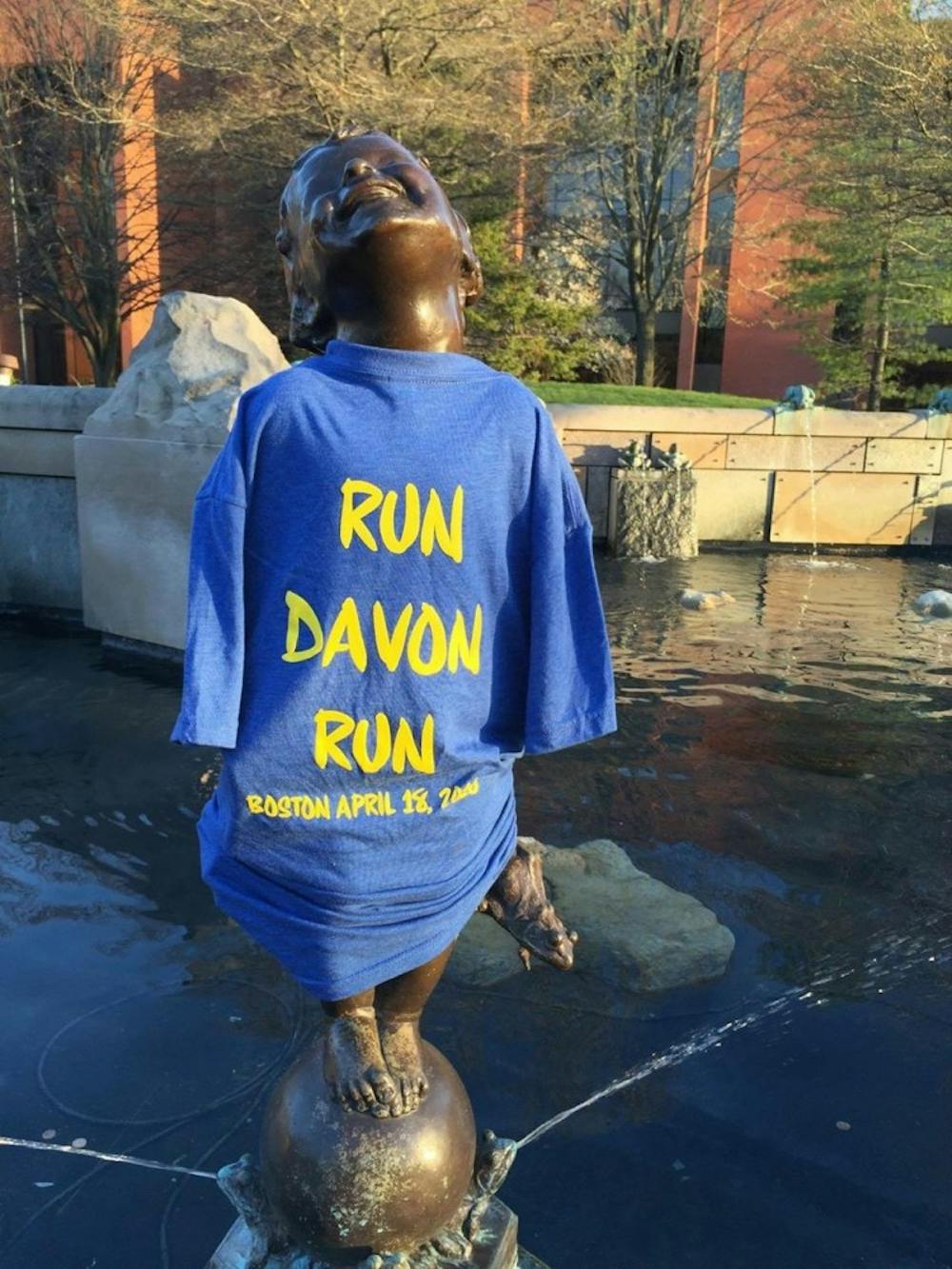 <p>Davon Geiger, president of Ball State’s Run Club, competed with 30,000 runners in the Boston Marathon on April 18. The shirt shown above was made for Geiger’s family and Run Club to wear.<em> PHOTO COURTESY OF KENDRA STORZ</em></p>