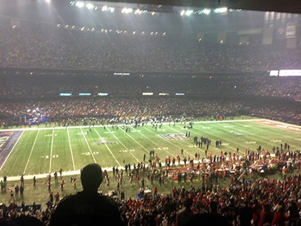 A power outage knocked out stadium lighting for part of the Mercedes-Benz Superdome in New Orleans during the Super Bowl. The accident caused a 15 minute delay so the lights could recycle before play resumed. PHOTO PROVIDED BY KALEE WALTEMATH