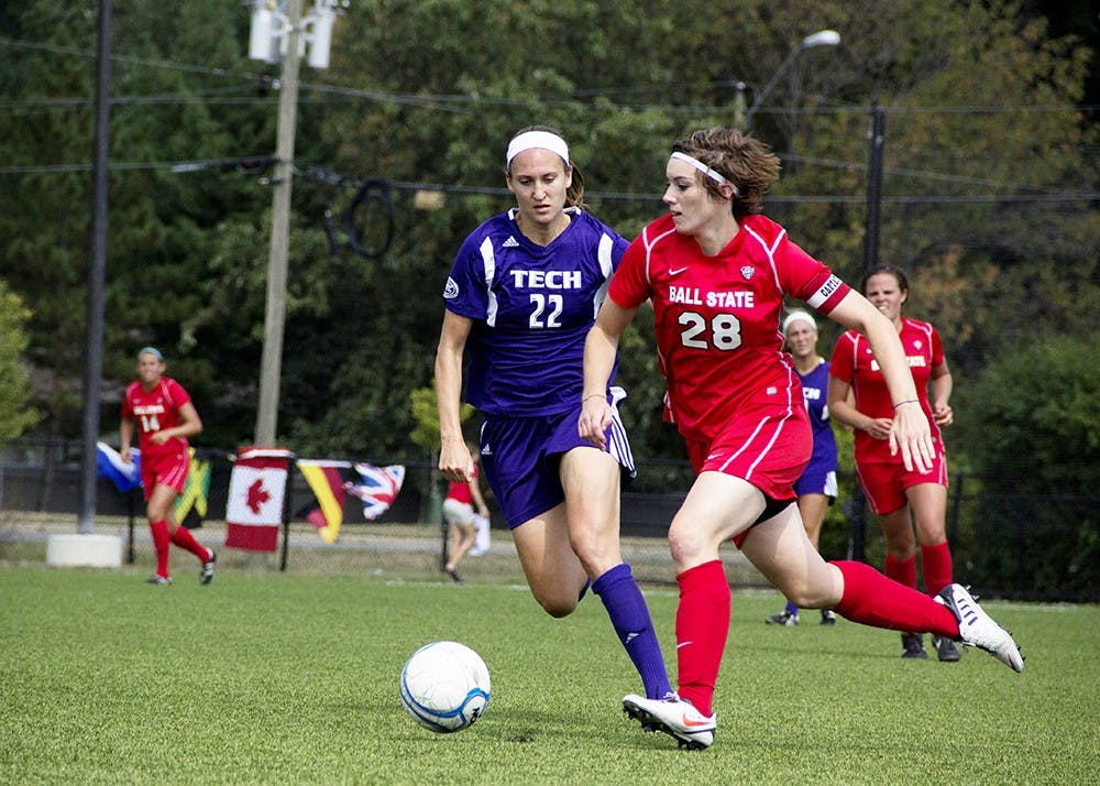 Senior midfielder Maimee Morris, attempts to pass the ball to a teammate during the game against Tennessee Tech on Sept. 8. Ball State has been improving its league performance over the past couple years. DN FILE PHOTO EMMA ROGERS