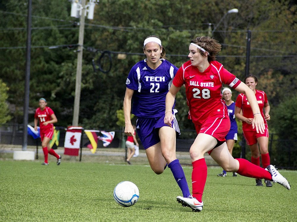 Senior midfielder Maimee Morris, attempts to pass the ball to a teammate during the game against Tennessee Tech on Sept. 8. Ball State has been improving its league performance over the past couple years. DN FILE PHOTO EMMA ROGERS